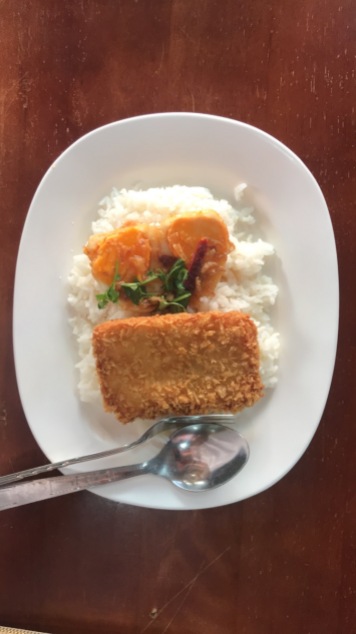 Fried Fish, Sweet hard boiled eggs, and White Rice
